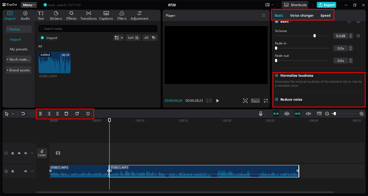 Editing audio before converting it into MP3 format in the CapCut desktop video editor 