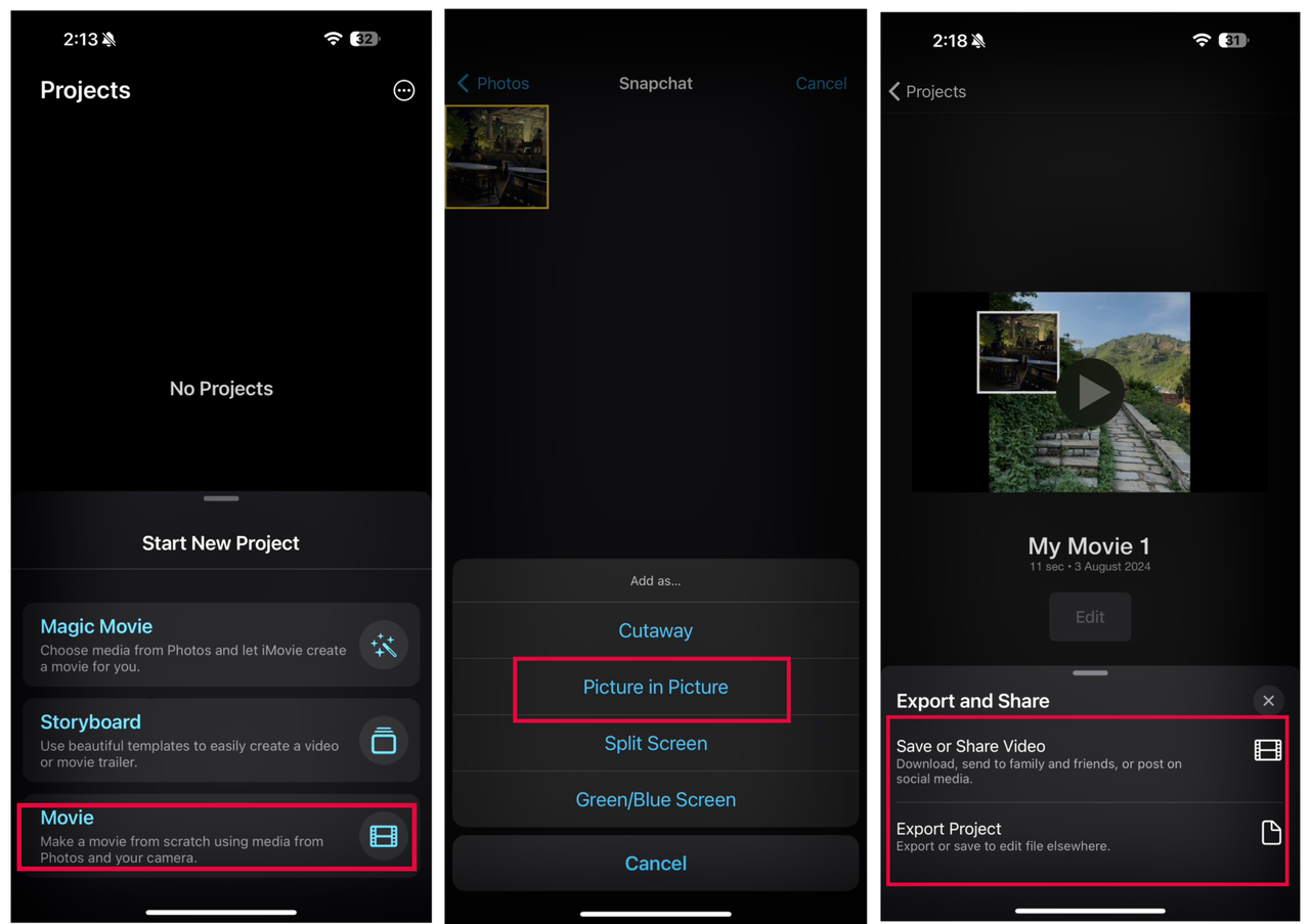 Interface showing how to add overlays in iMovie on iPhone