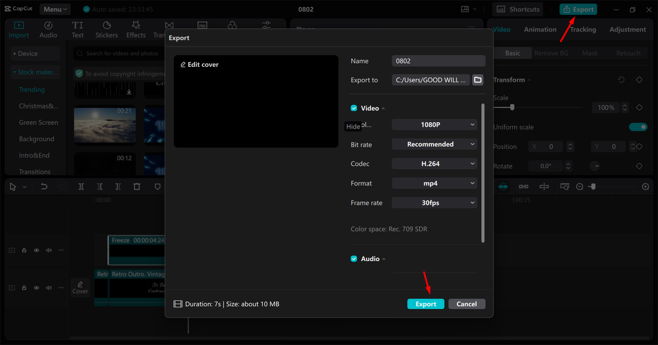 Exporting a video from the CapCut desktop video editor