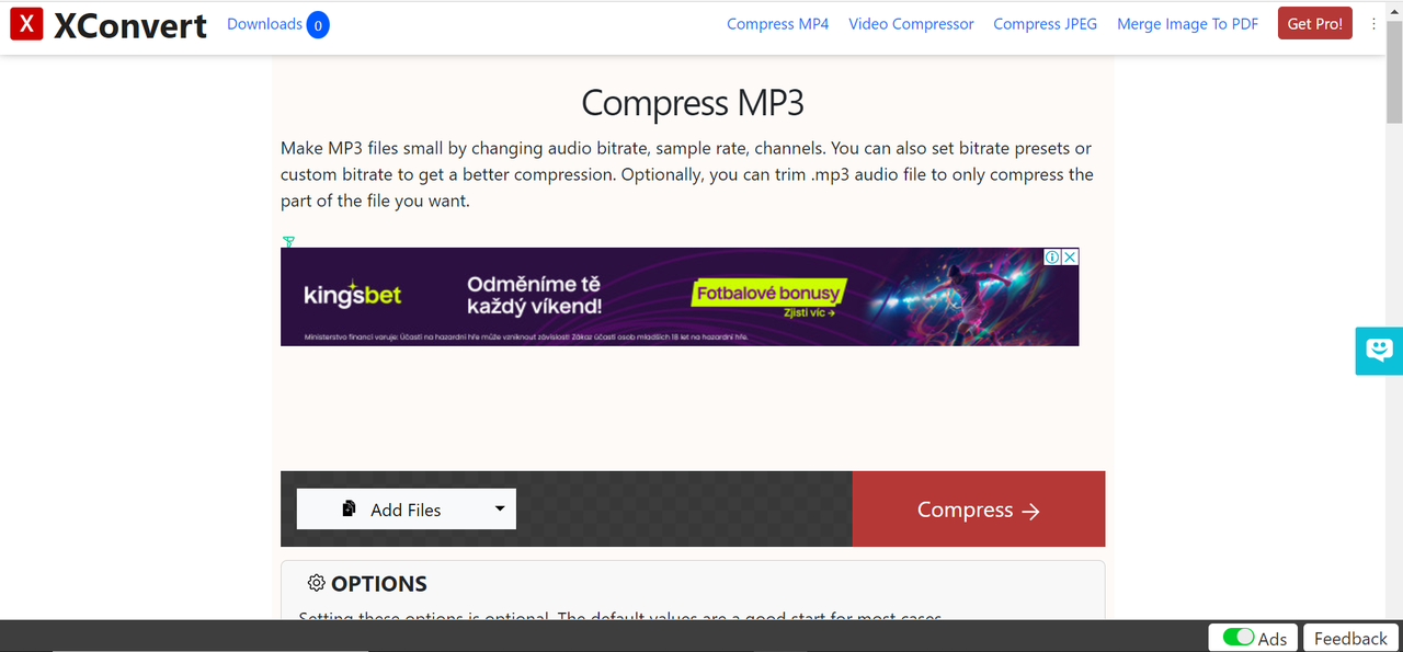 Interface of the XConvert - another perfect MP3 size compressor online