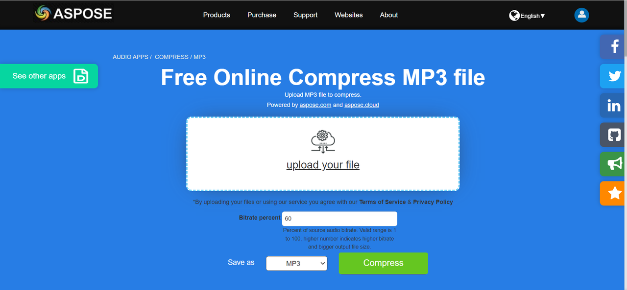 Interface of the Aspose - another MP3 size compressor online