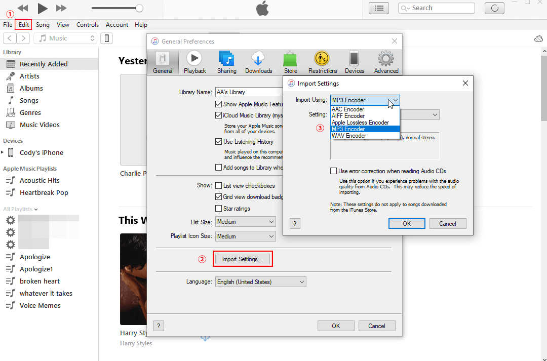 Interface of iTunes showing how to convert CDA files to MP3