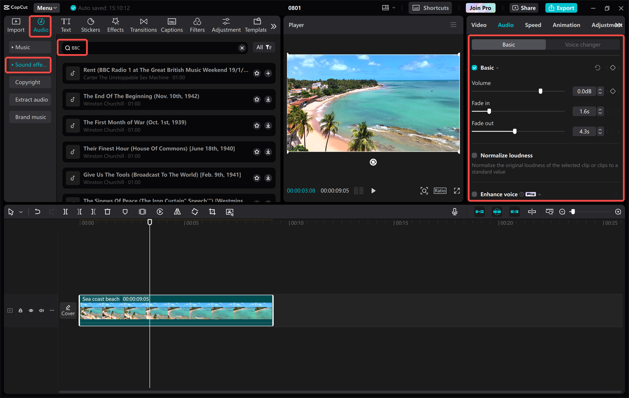 Editing the audio in the CapCut desktop video editor