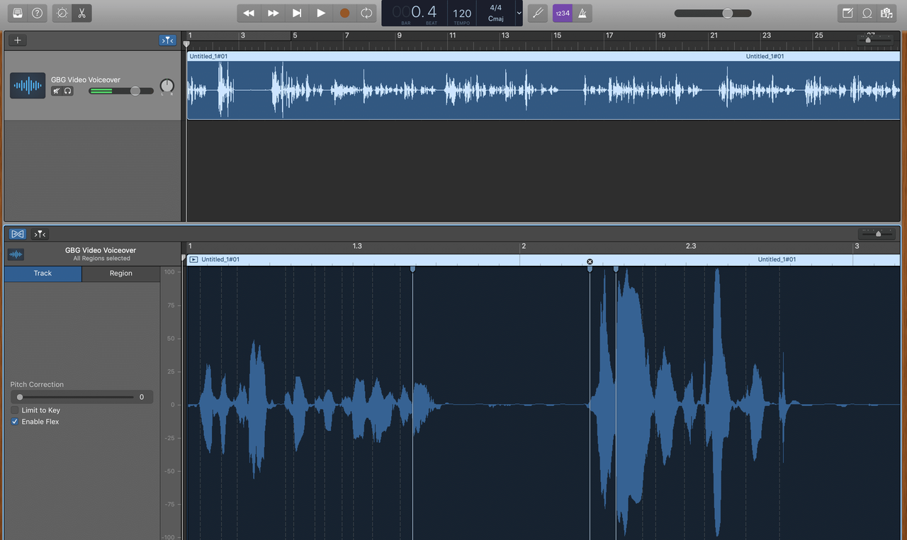 Image showing how to speed up music on GarageBand by adjusting the flex time