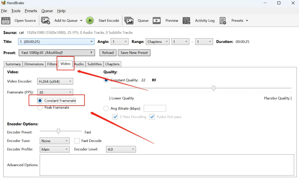 Showing how to change VFR to CFR in HandBrake - another simple approach to resolving DaVinci media offline error