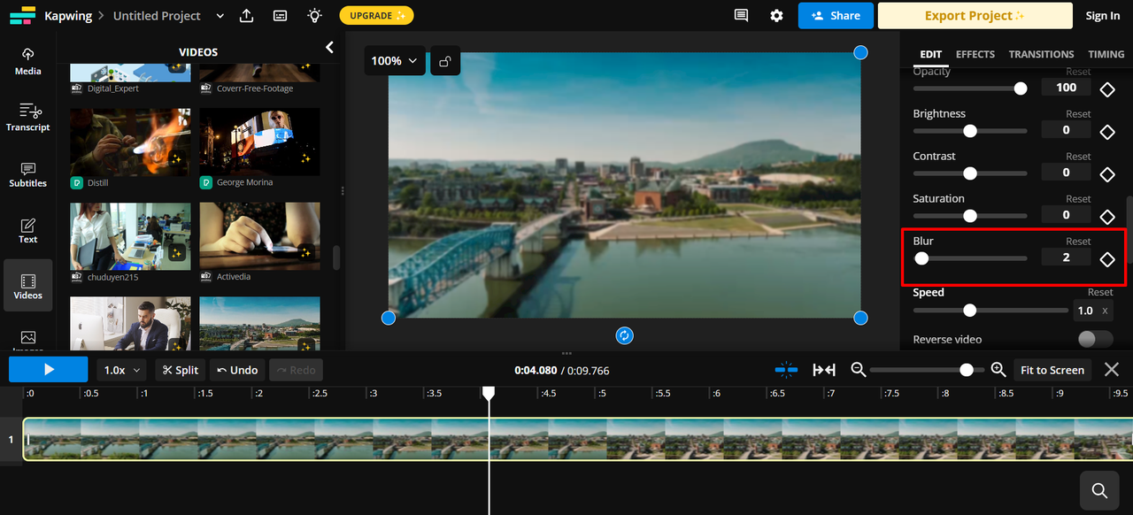 Interface of Kapwing - a robust tool to add motion blur effects online to your video