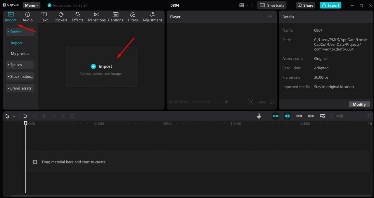 Importing video from the device to the CapCut desktop video editor