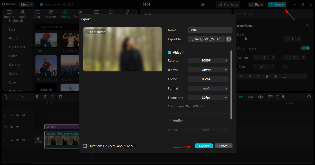 Exporting the video from the CapCut desktop video editor