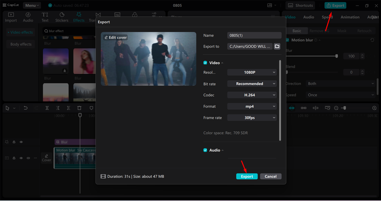 Exporting a video from the CapCut desktop video editor