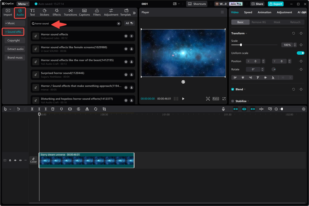 CapCut desktop video editor provides a range of horror sound effects