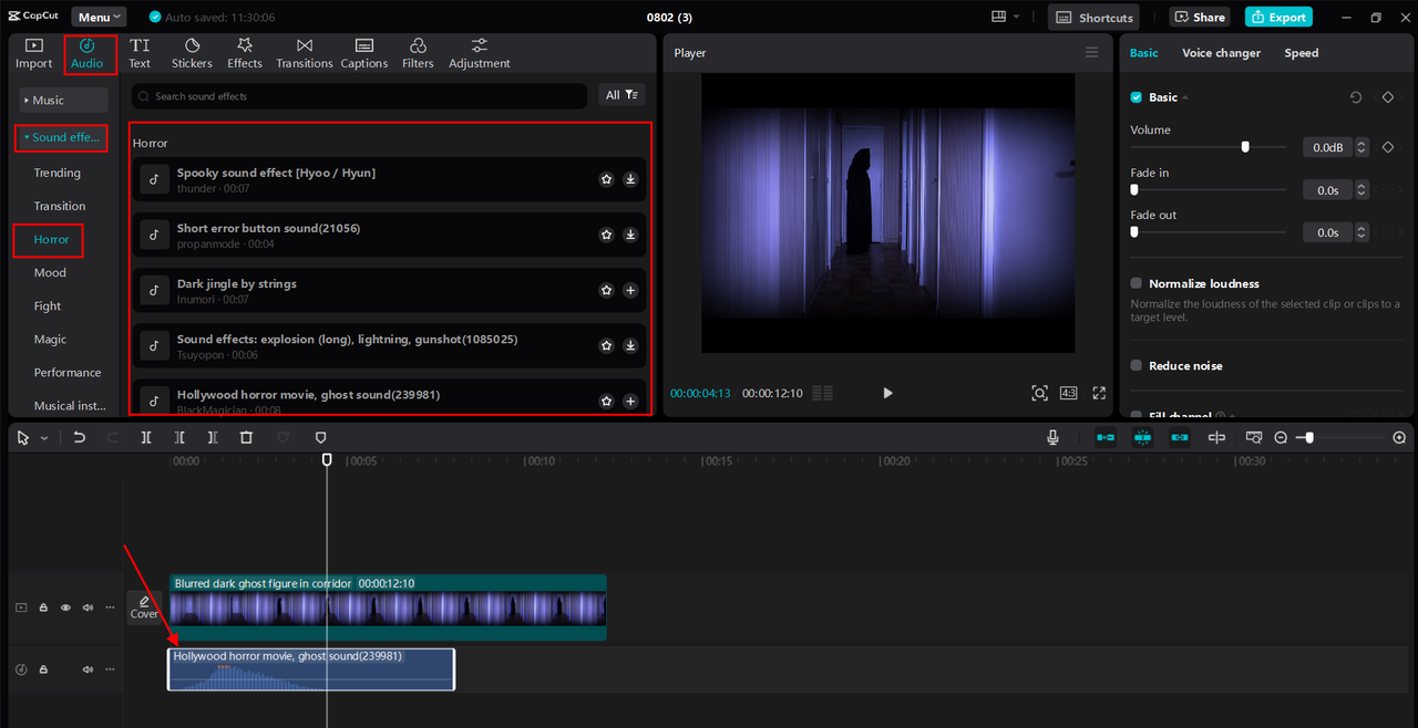 Adding the horror sound film effects to the CapCut desktop video editor