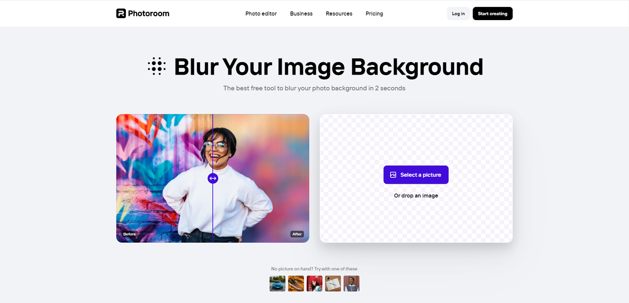 Interface of Photoroom - a trustworthy website to blur photo backgrounds online for free