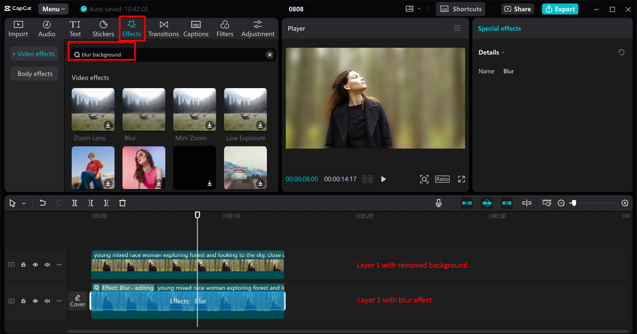 Blurring the video background in CapCut desktop video editor