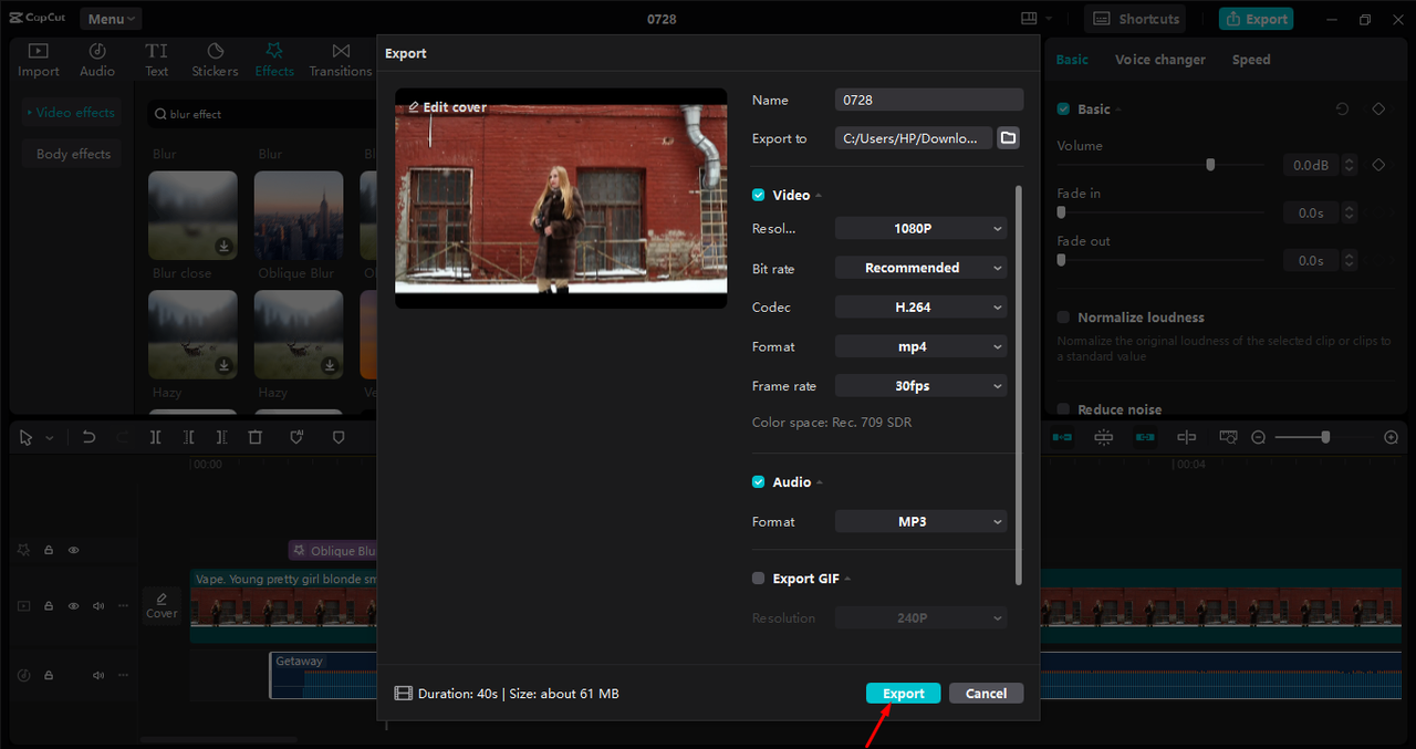 Exporting video after adding blur effect in the CapCut desktop video editor