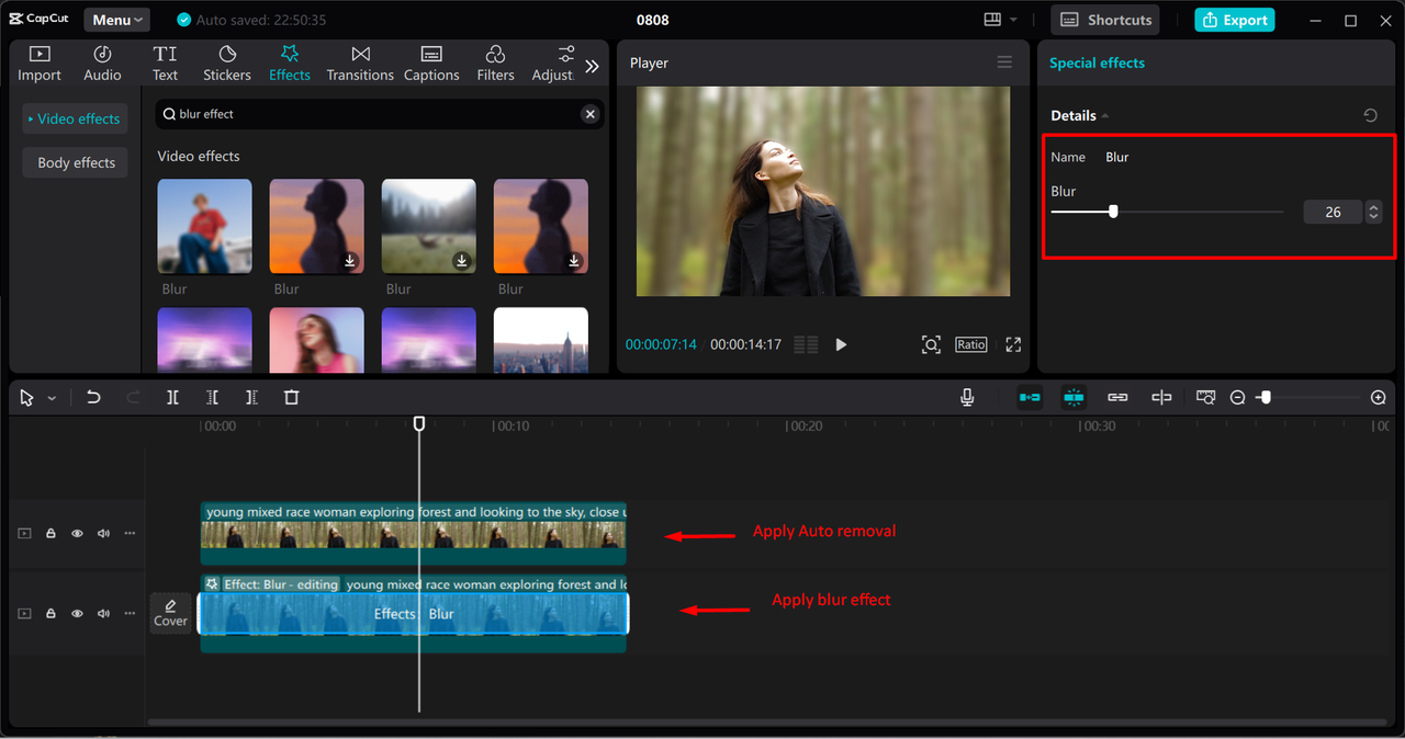 Blurring video background in the CapCut desktop video editor