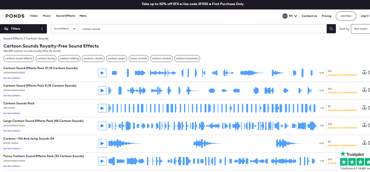 Pond5 has a huge library of cartoon sound effects