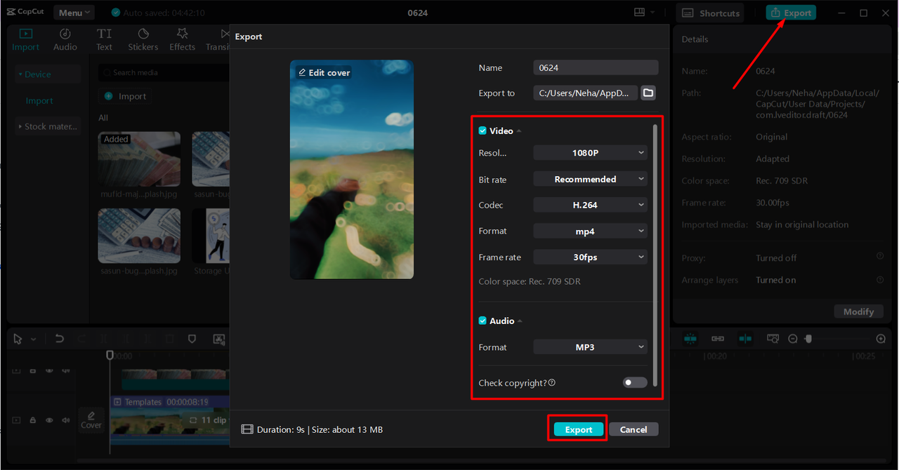 Exporting video from the CapCut