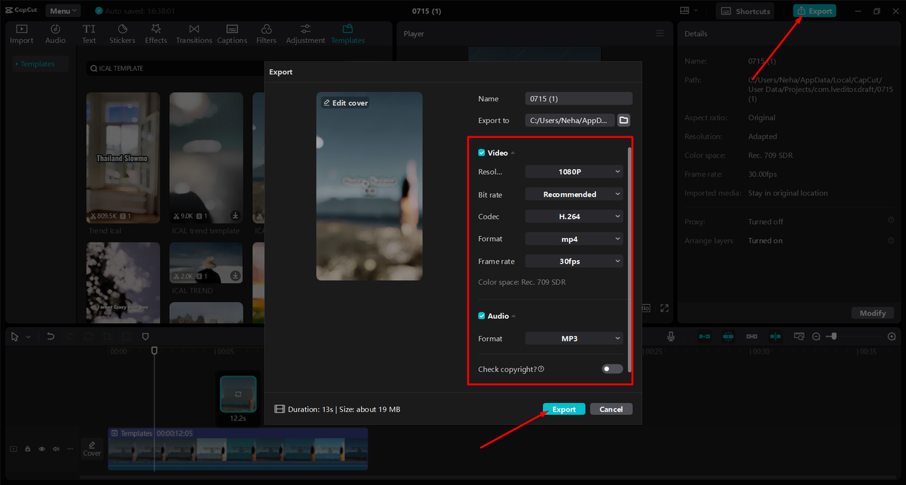 Exporting the final product from CapCut