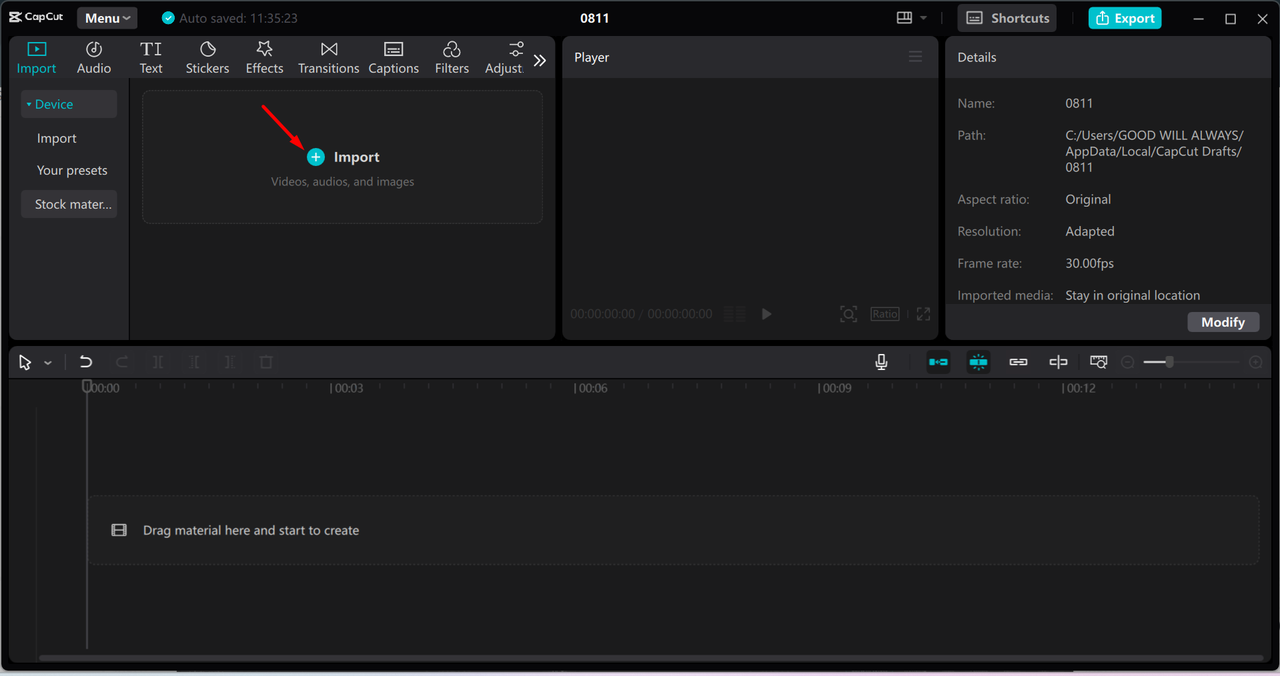 Importing video to add custom AI voice in the CapCut desktop video editor 