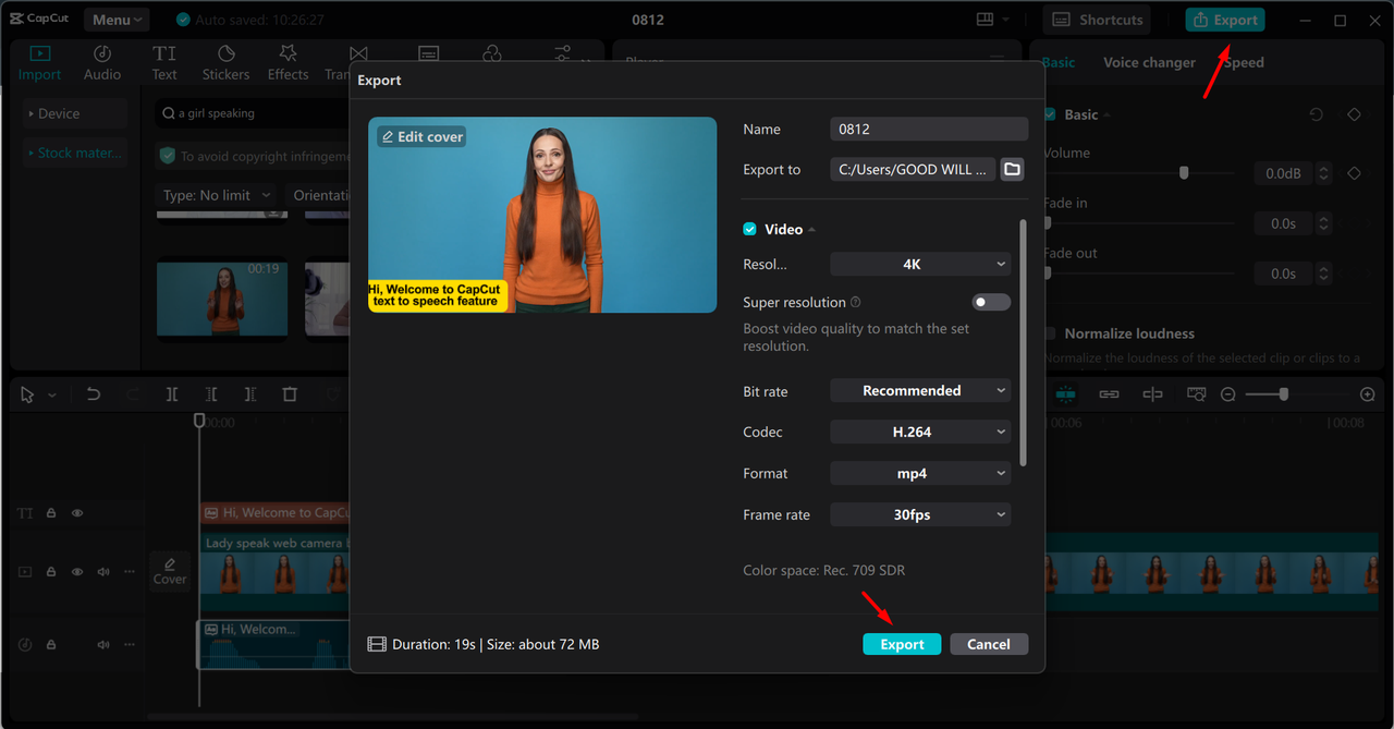 Exporting video from the CapCut desktop video editor 