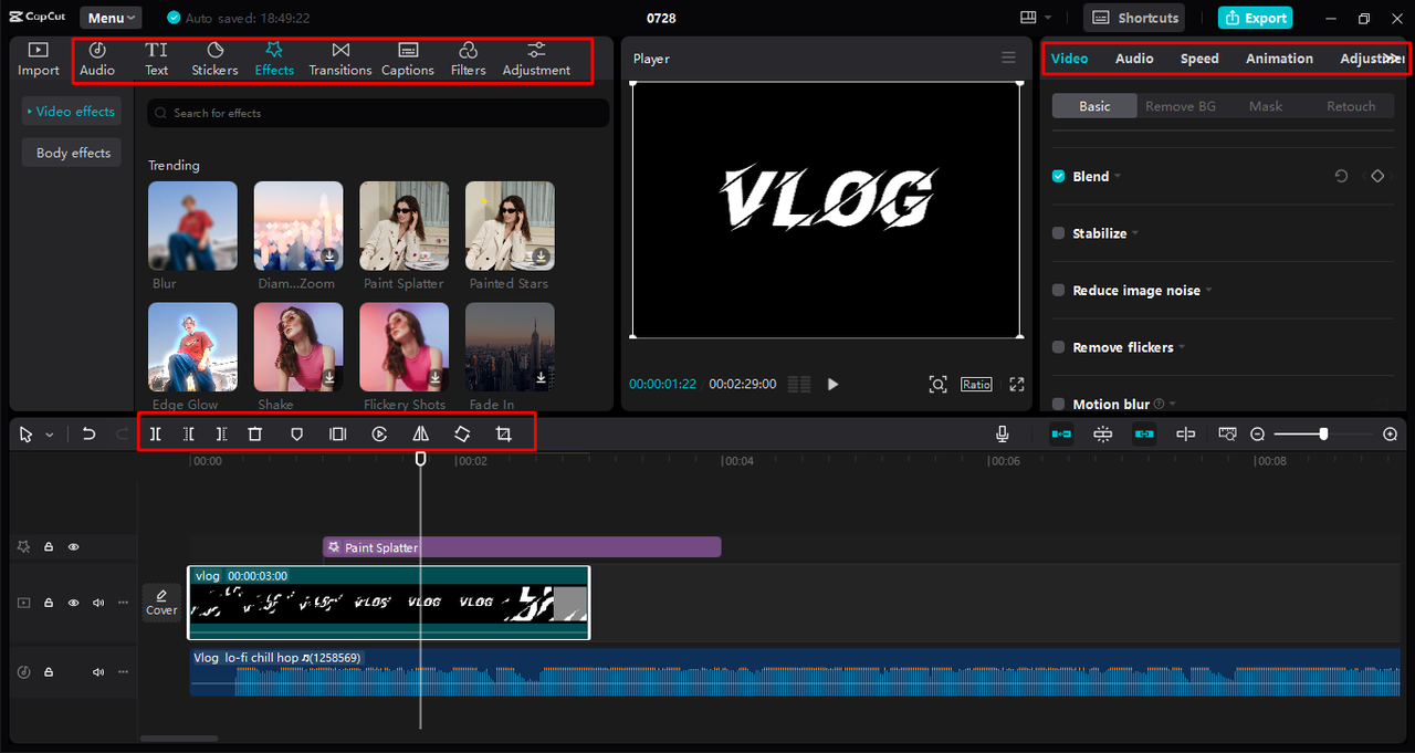 Customizing the vlog intro template with various tools in the CapCut desktop video editor