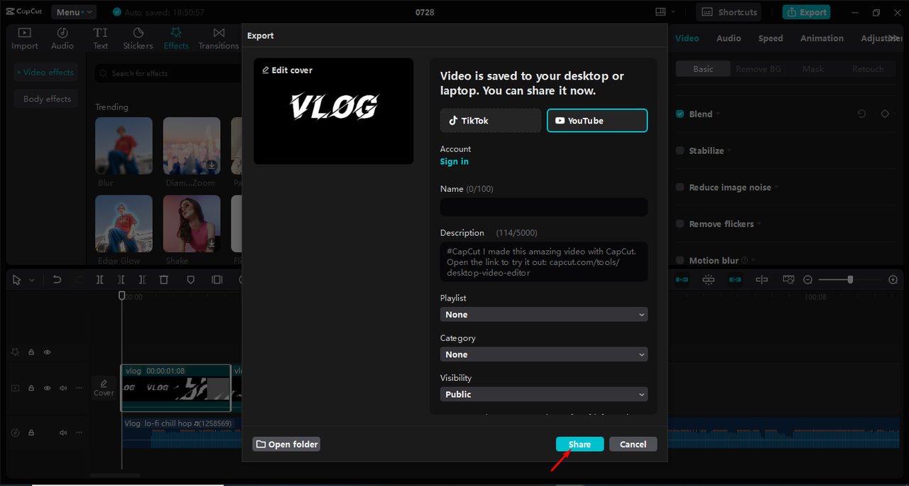 Sharing video to YouTube directly from the CapCut desktop video editor 