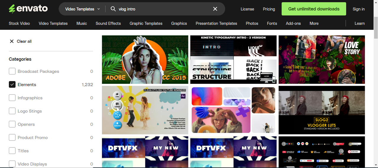 Interface of Envato Elements showing various vlog intro templates