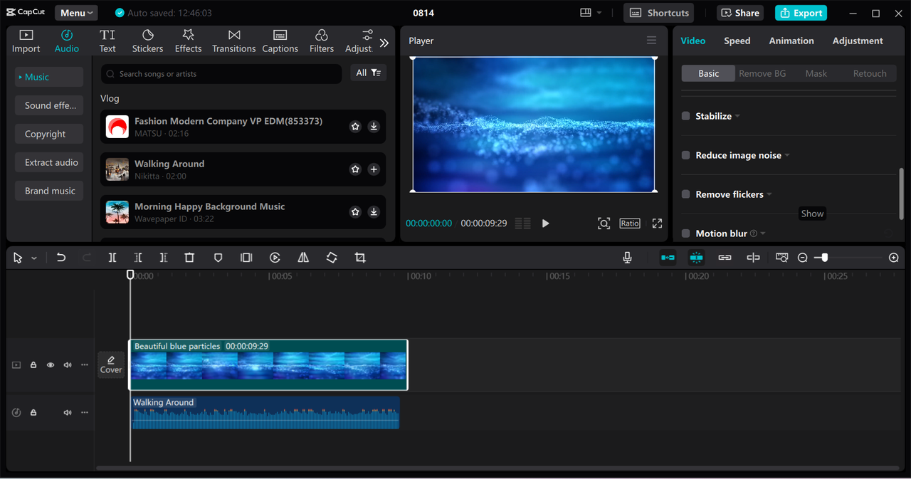 Editing interface of the CapCut desktop video editor - a perfect editor with a wide variety of lyric video template