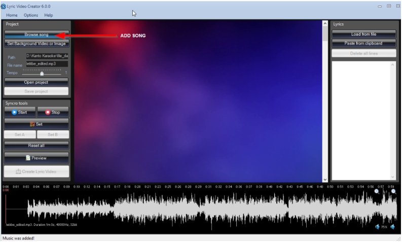 Interface of Lyric Video Creator - the perfect tool to make a lyric video for free
