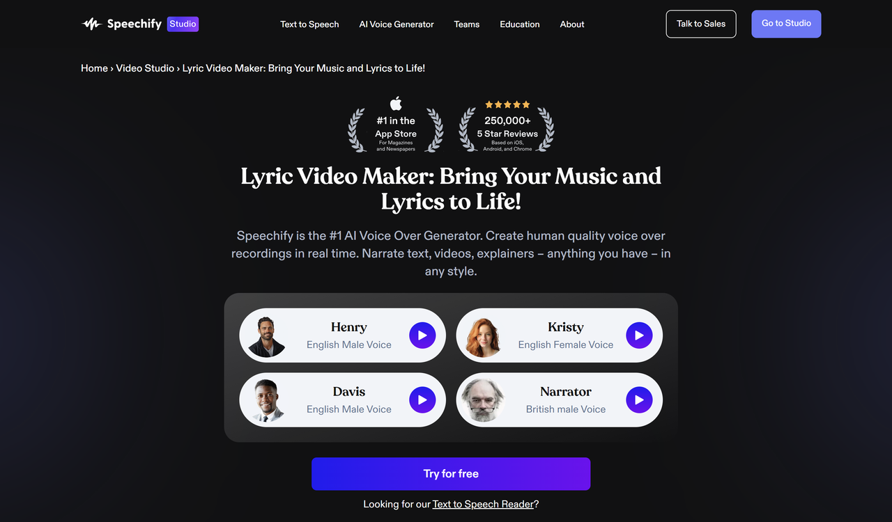 Interface of Speechify - another way to create free lyric videos