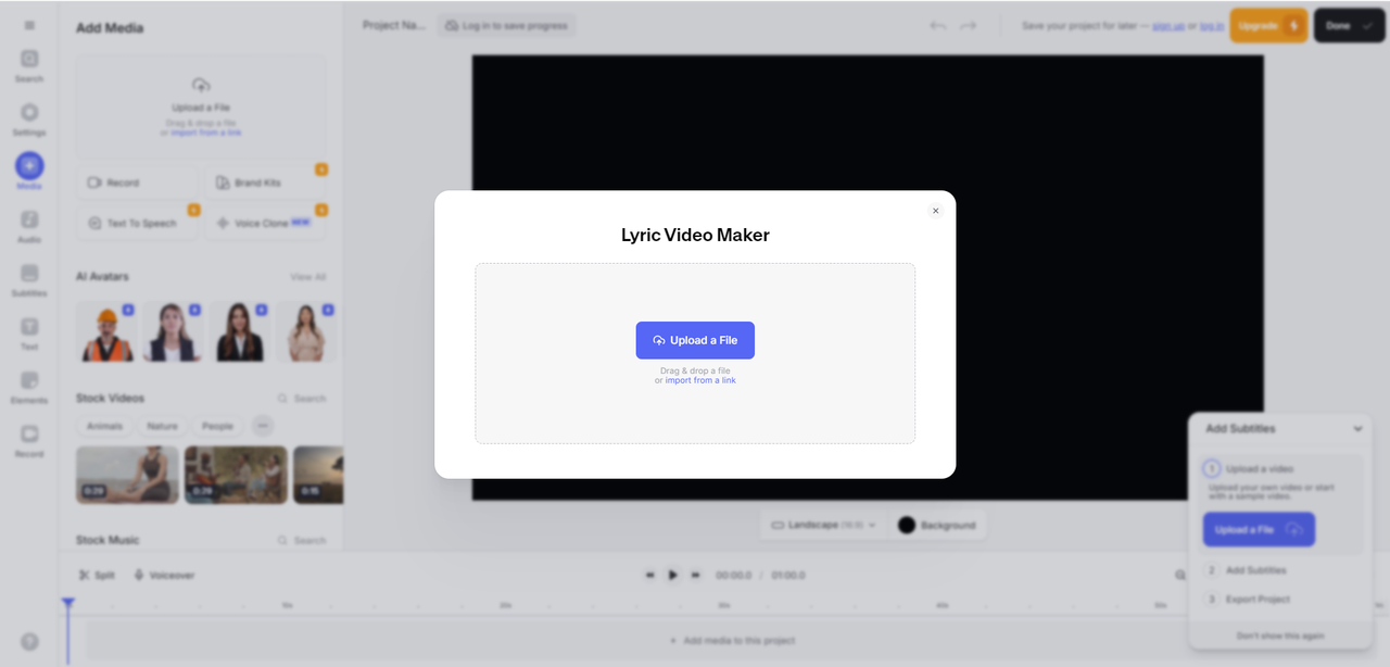 Interface of VEED.IO - an online tool to make lyric videos