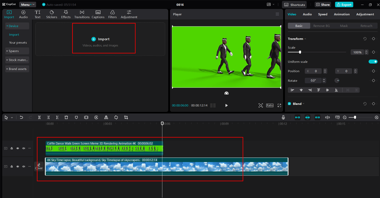 CapCut desktop video editor interface, importing video and memes for editing