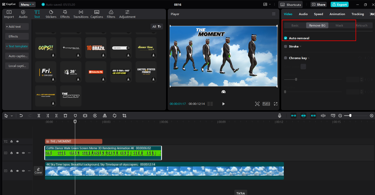 CapCut desktop editor, removing the background and editing meme video