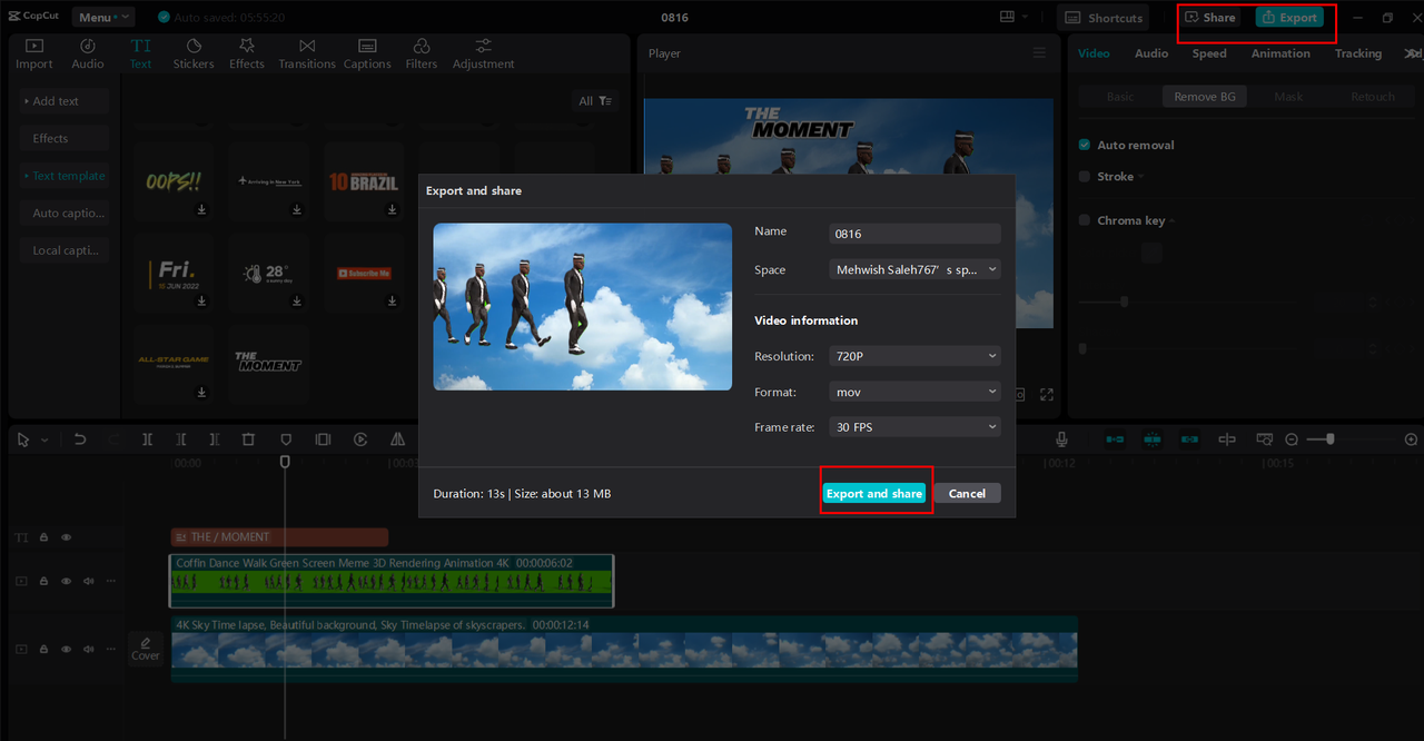 CapCut desktop editor interface showing exporting or sharing the meme video 