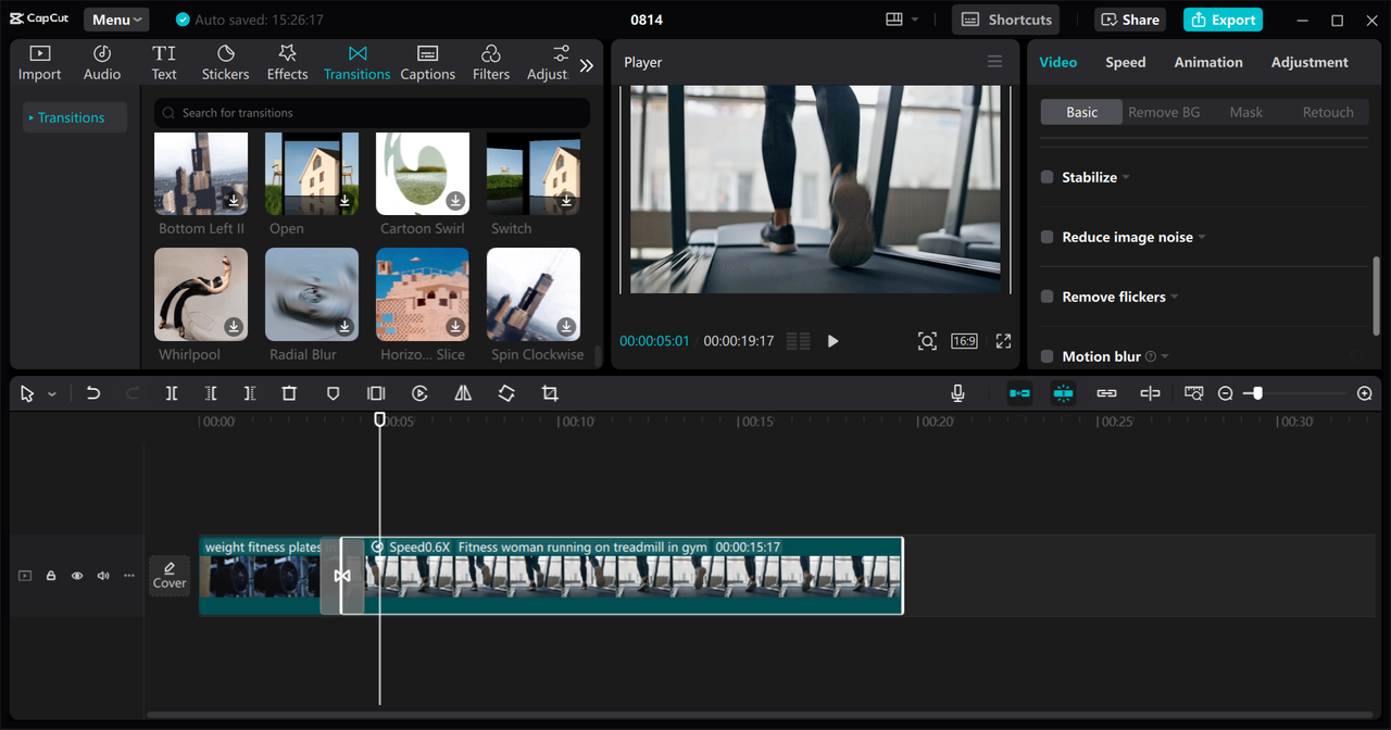 Editing interface of the CapCut desktop video editor - a professional tool to edit YouTube exercise videos