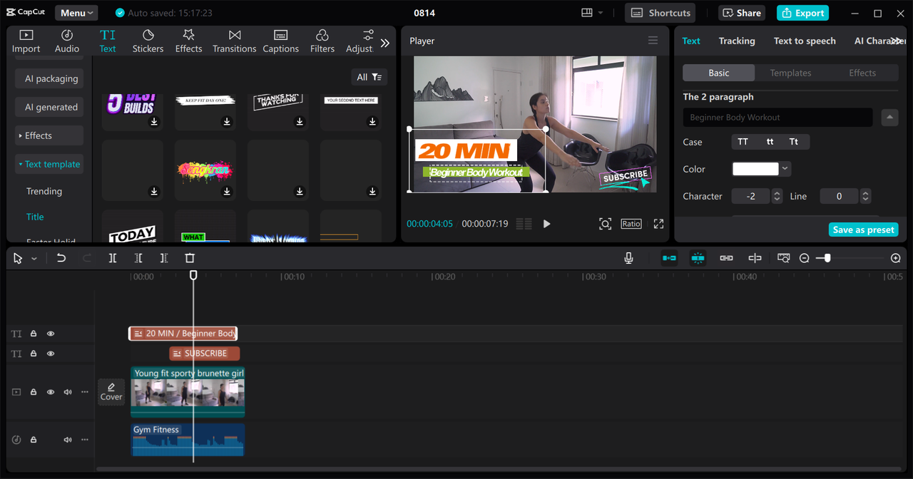 Customizing YouTube fitness video in the CapCut desktop video editor