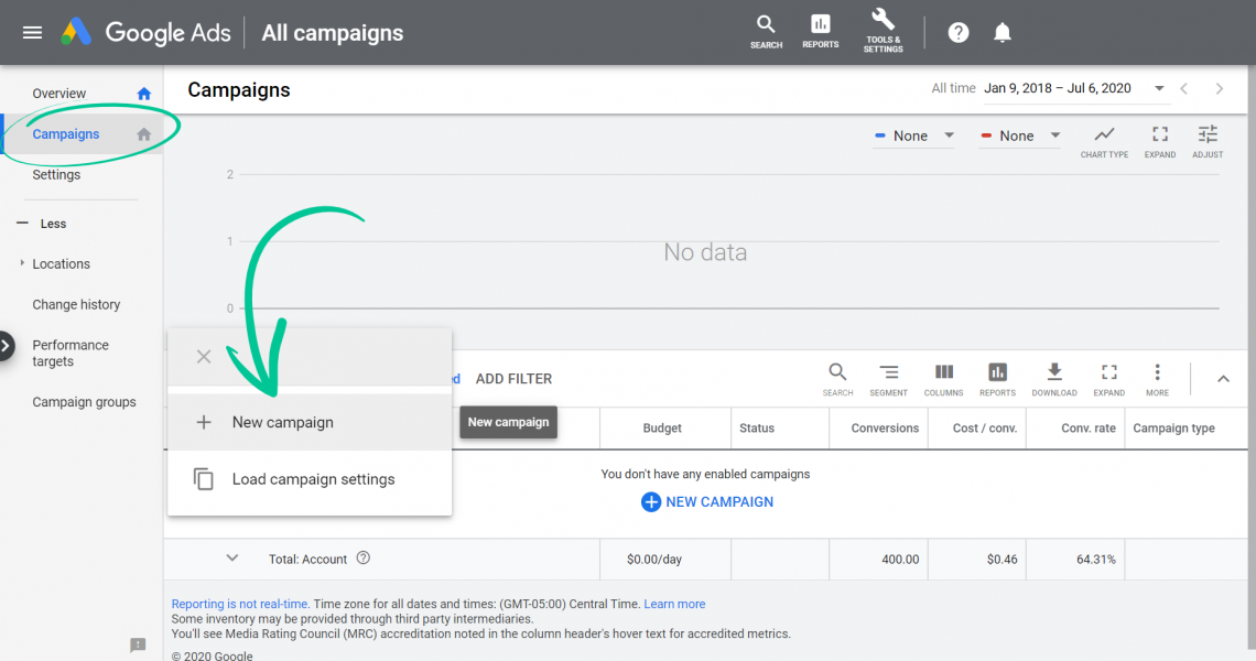 Creating a new ad campaign in Google Ads Manager