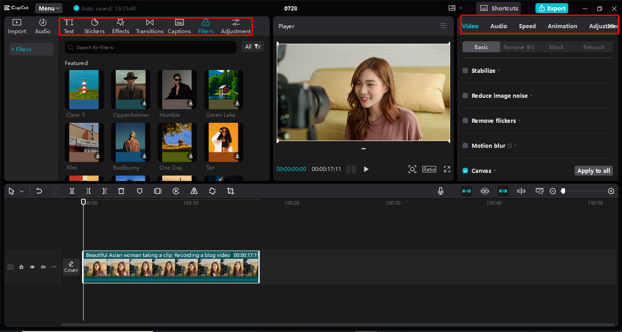 Personalizing the mini vlog CapCut template with various tools in the CapCut desktop video editor 