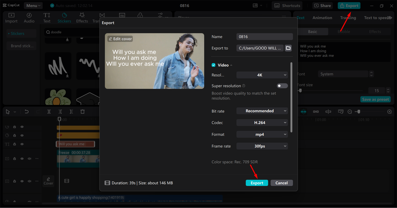 Exporting video from the CapCut desktop video editor