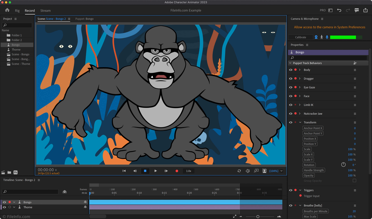 Adobe Character Animator Interface showing how to create 3D animation video