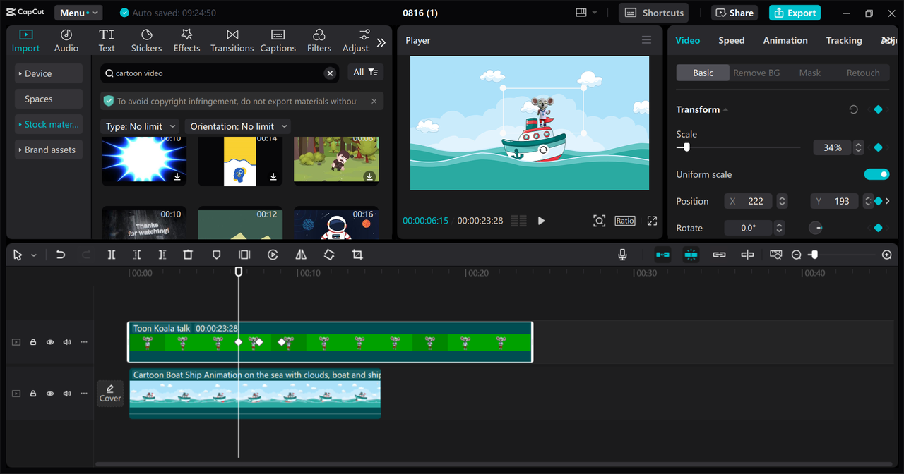 Editing interface of the CapCut desktop video editor - a professional tool to create cartoon animation videos