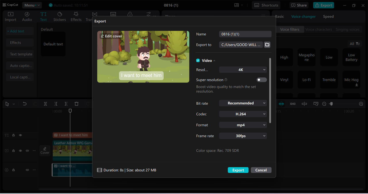 Exporting cartoon animated video from the CapCut desktop video editor