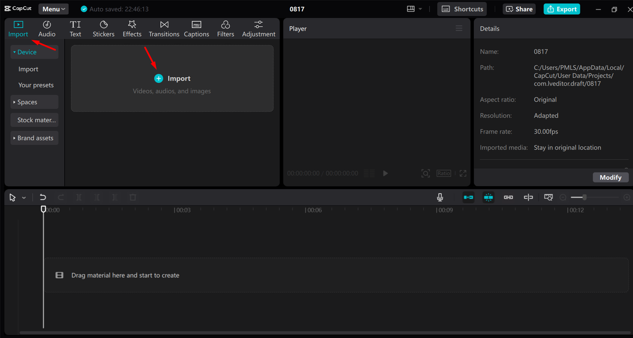 Importing a video in the CapCut desktop video editor