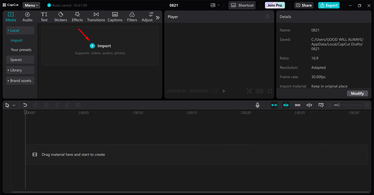 Importing media in the CapCut desktop video editor