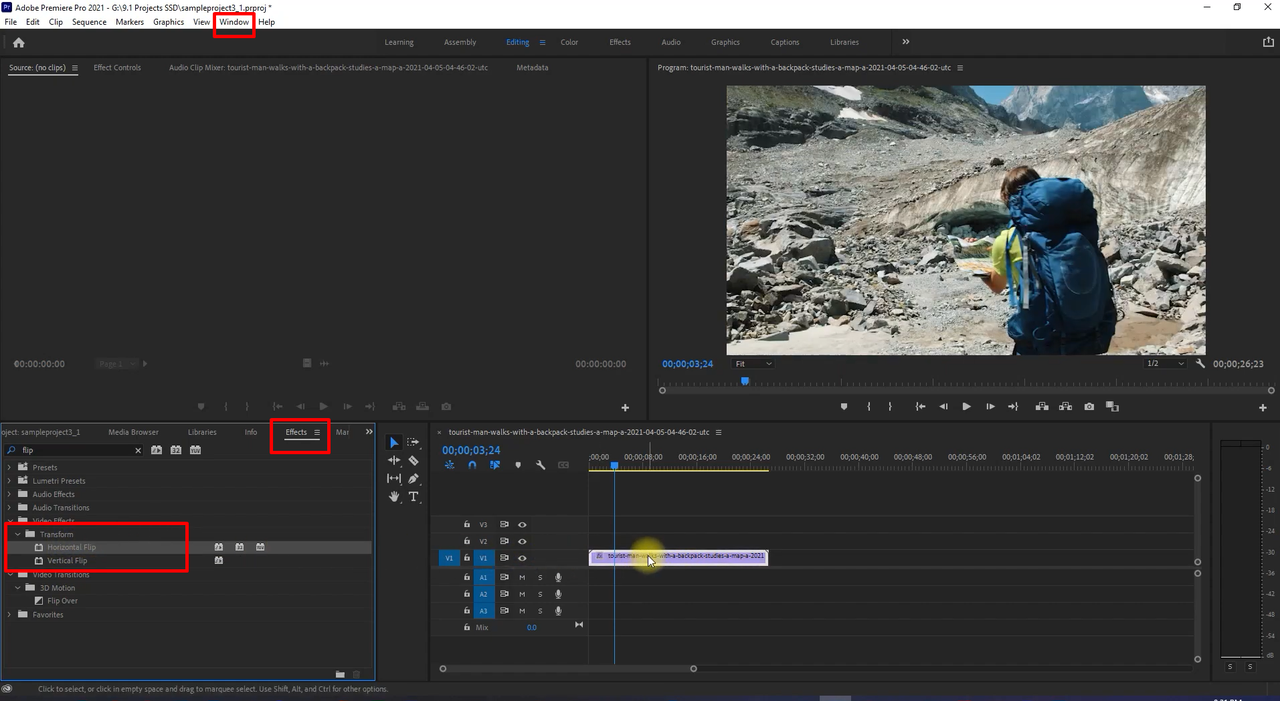 Interface showing how to flip video on Premiere Pro