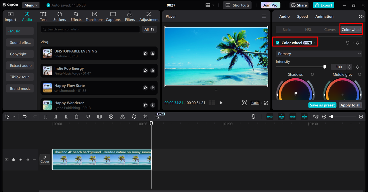 Utilizing the color wheel to refine video in the CapCut desktop video editor