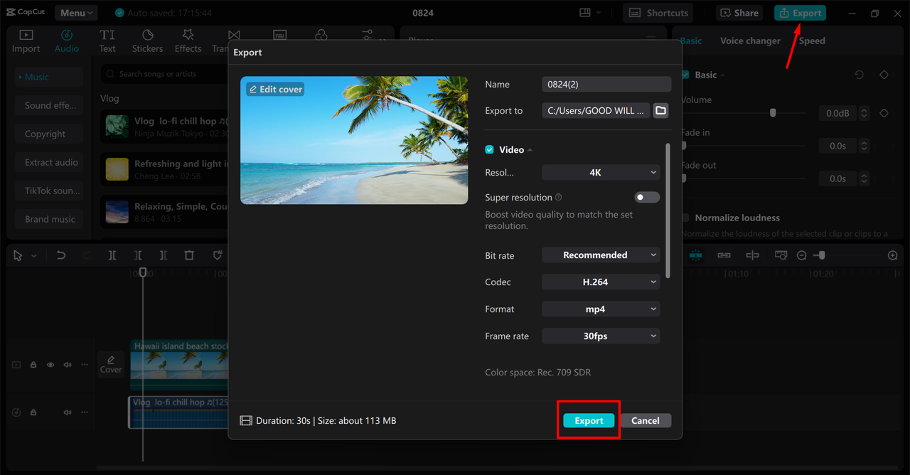 Exporting video from the CapCut desktop video editor