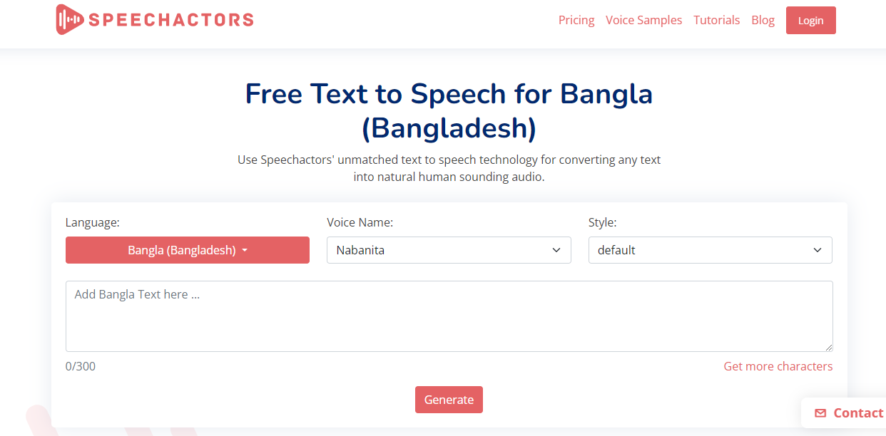 Interface of SpeechAcotrs - a professional Bengali text-to-voice converter online