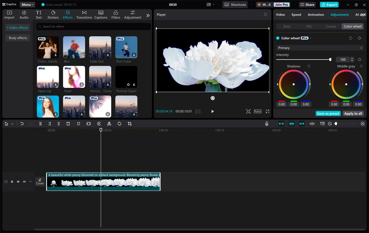 Editing interface of the CapCut desktop video editor - a perfect tool with the color wheel