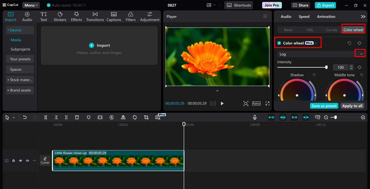 Utilizing the color wheel to refine video in the CapCut desktop video editor